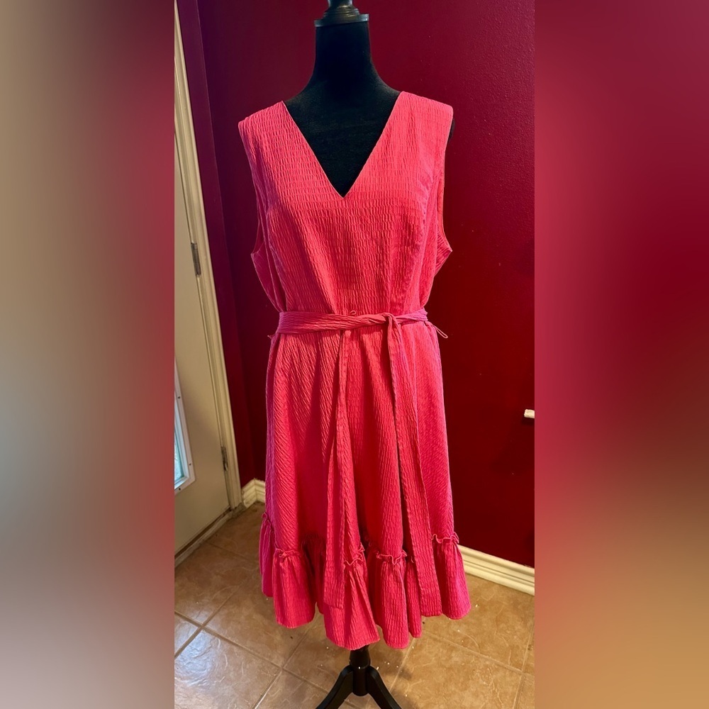 Tommy Hilfiger Pink Textured Sleeveless Belted Dress Size 14 Ruffle Hem